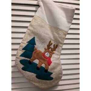 Reindeer theme cream white glittery handmade Christmas holiday gift stocking